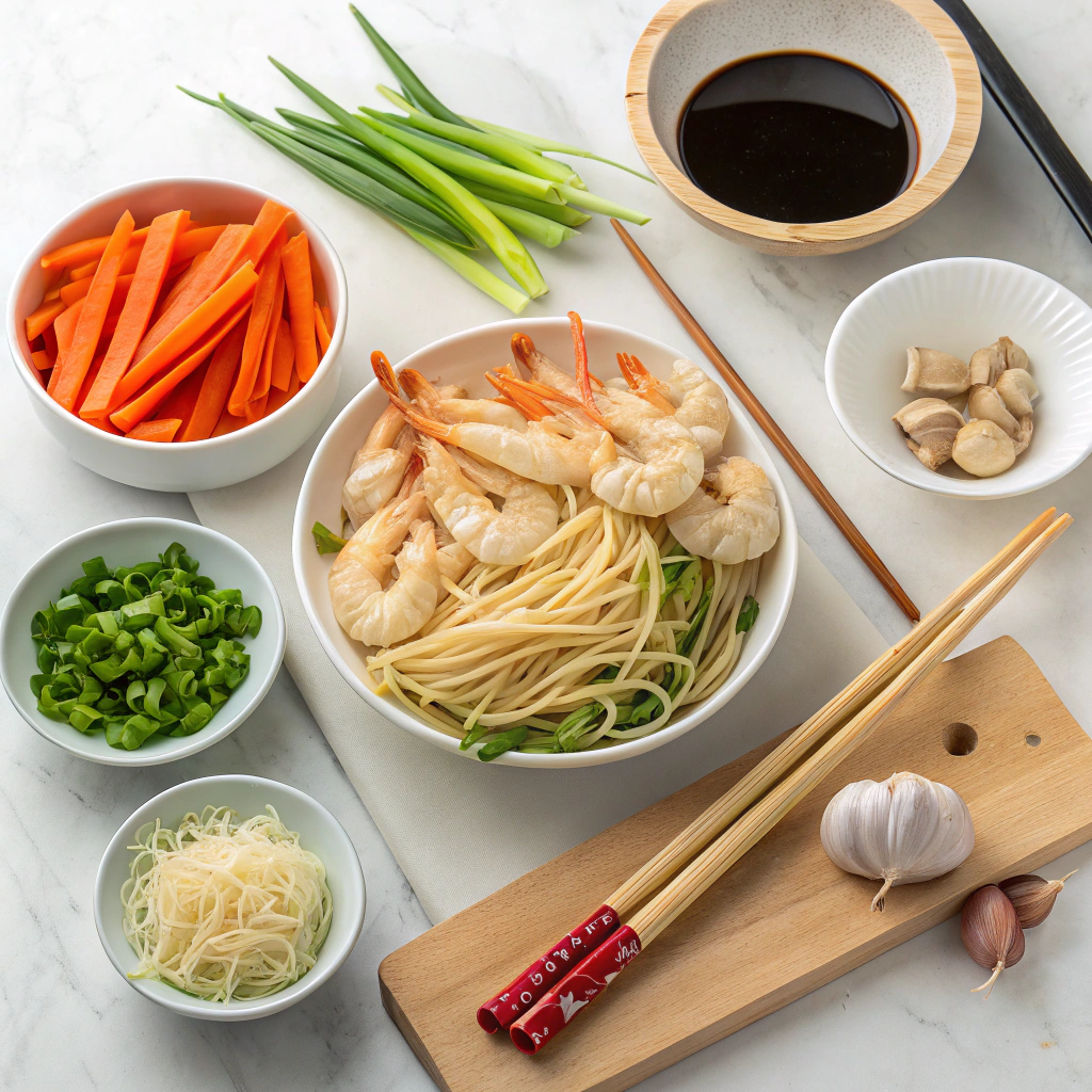 Ingredients for a Shrimp Lo Mein Recipe