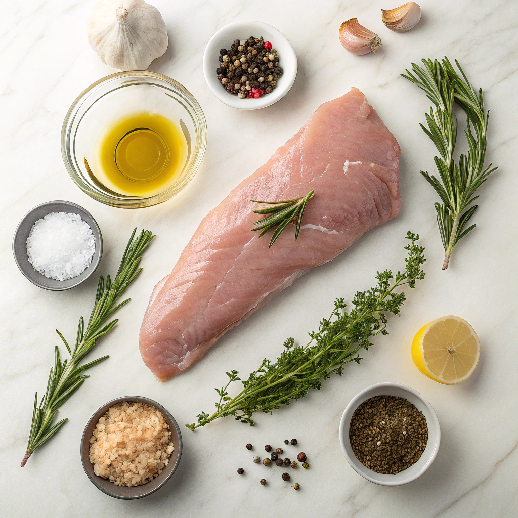 Ingredients organized for a turkey tenderloin recipe in an air fryer with herbs and spices.
