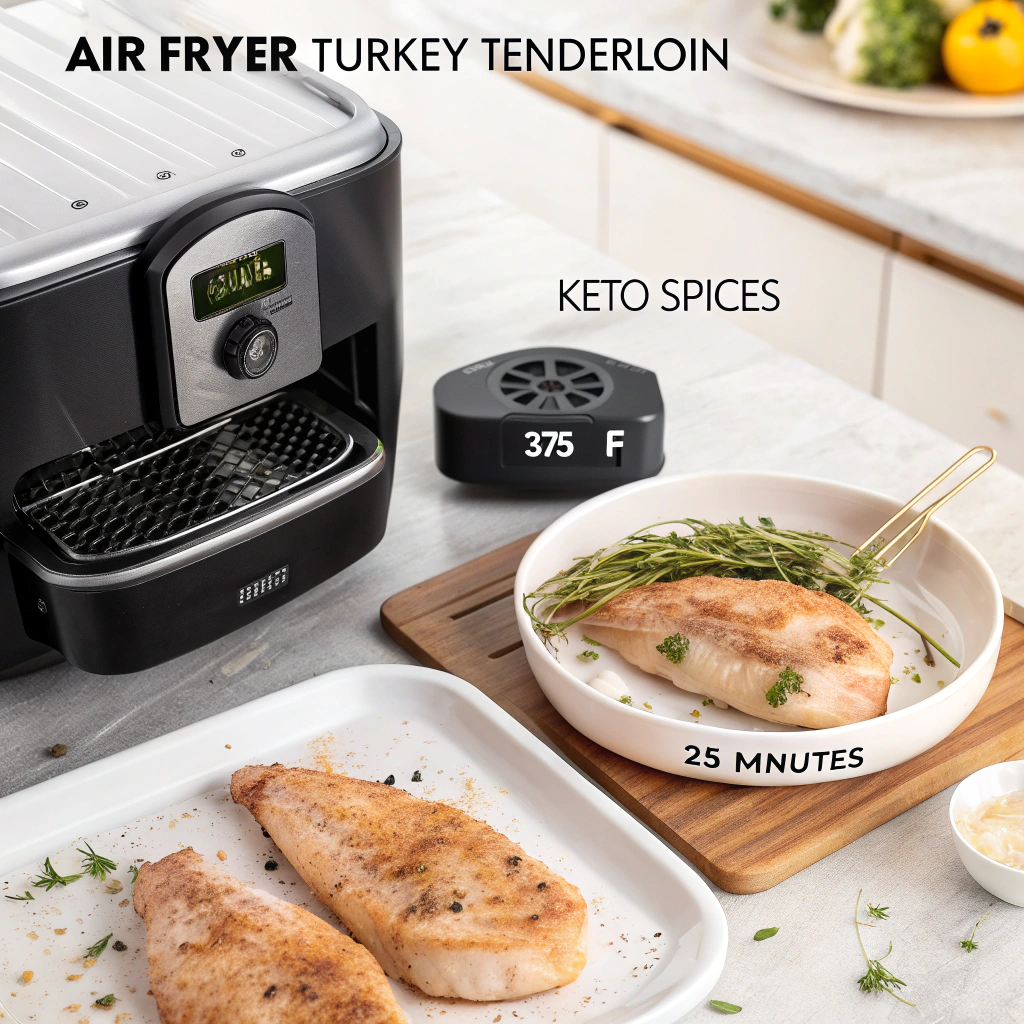 Step-by-step imagery showing seasoning and placing turkey tenderloin in an air fryer.